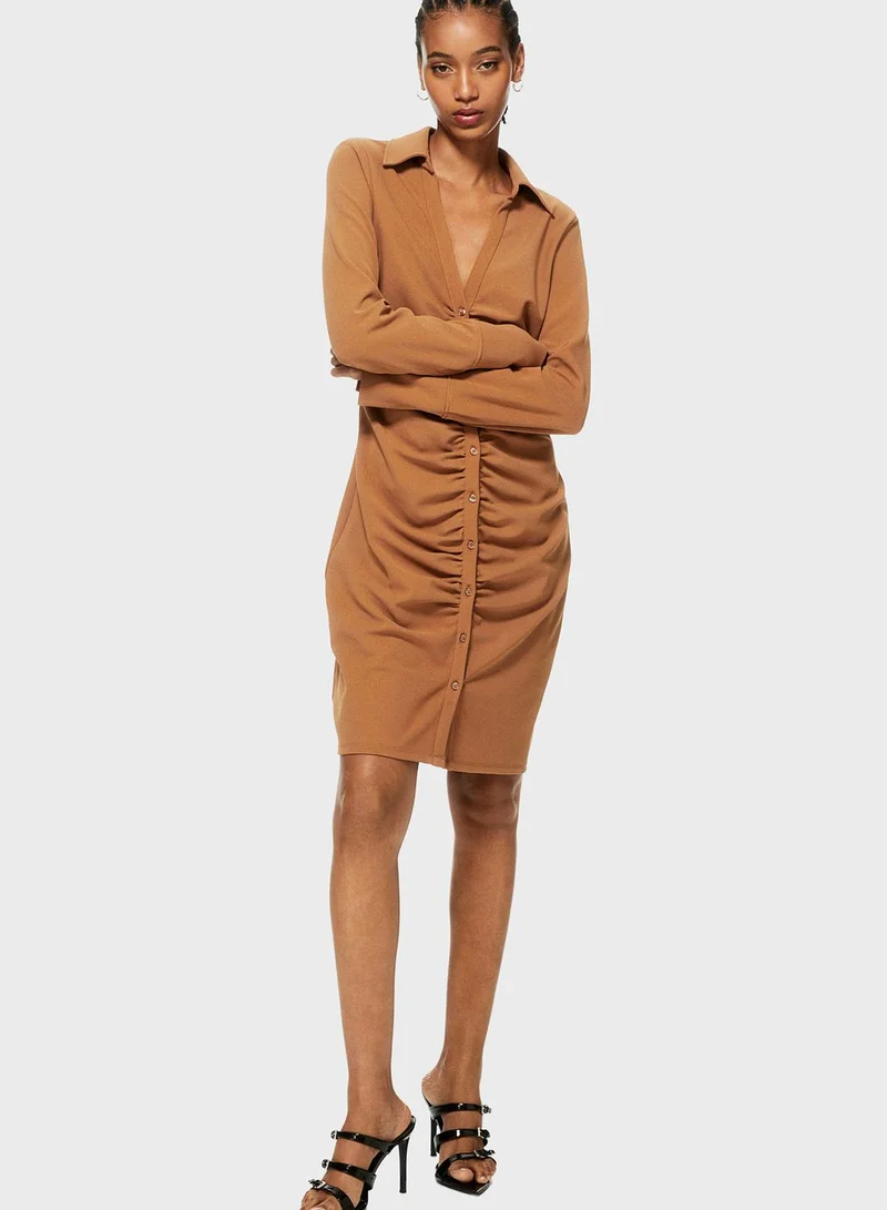 H&M Ruched Shirred Shirt Dress