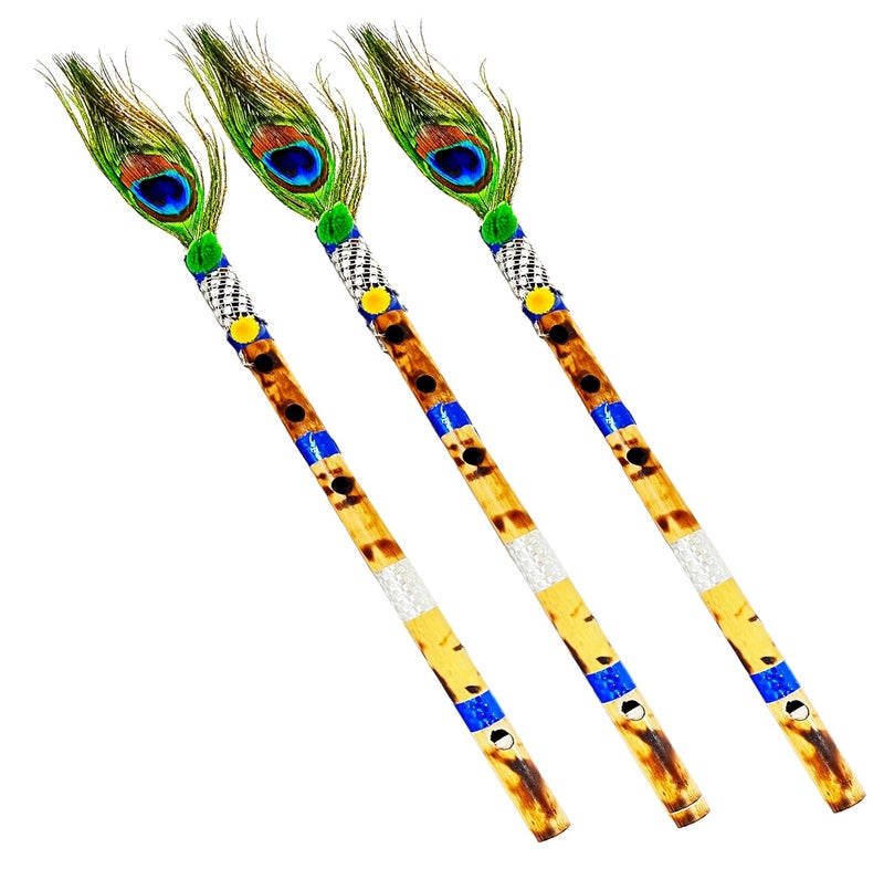 Awadh Bamboo Flute (pack of 1) | Bansuri | Natural Medium Scale | for Professional/Beginner Basuri | Traditional flute with Peacock feather | Bans 16 inch Bamboo Bansuri with peacock feather flute - Image 4