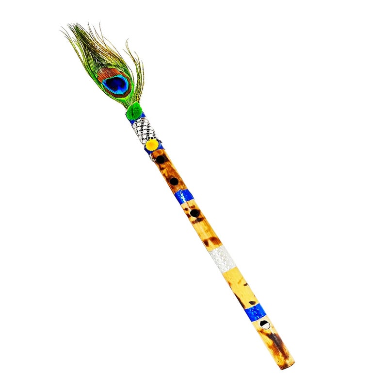 Awadh Bamboo Flute (pack of 1) | Bansuri | Natural Medium Scale | for Professional/Beginner Basuri | Traditional flute with Peacock feather | Bans 16 inch Bamboo Bansuri with peacock feather flute - Image 1