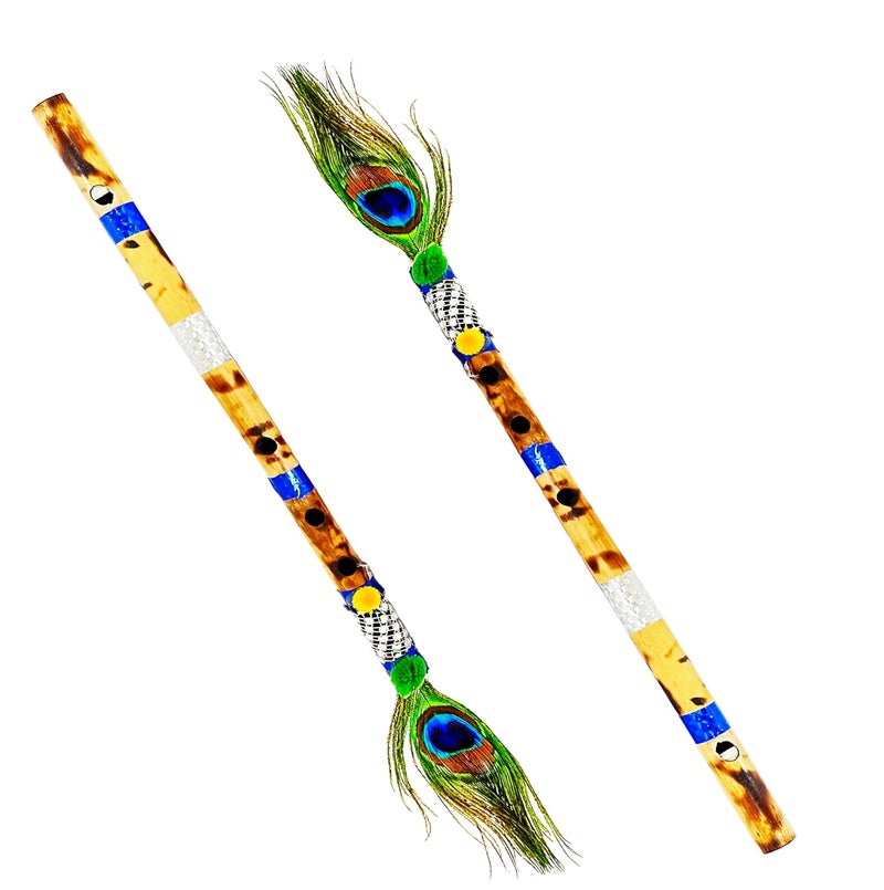 Awadh Bamboo Flute (pack of 1) | Bansuri | Natural Medium Scale | for Professional/Beginner Basuri | Traditional flute with Peacock feather | Bans 16 inch Bamboo Bansuri with peacock feather flute - Image 3