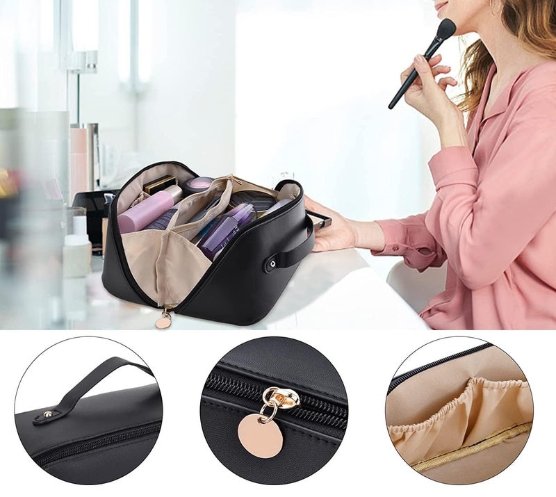 Awestuffs Luxury Cosmetic Bag - Makeup Bag, Portable Waterproof PU Leather Make Up Bag, Travel Makeup Bag Flat Lay Cosmetic Bag Makeup Organizer Bag with Handle and Divider (Black) - Image 3