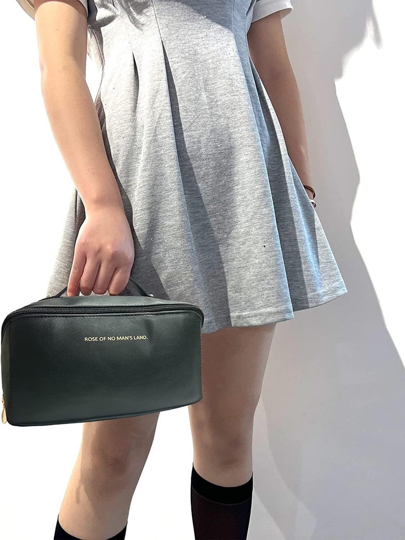 Awestuffs Luxury Cosmetic Bag - Makeup Bag, Portable Waterproof PU Leather Make Up Bag, Travel Makeup Bag Flat Lay Cosmetic Bag Makeup Organizer Bag with Handle and Divider (Black) - Image 4