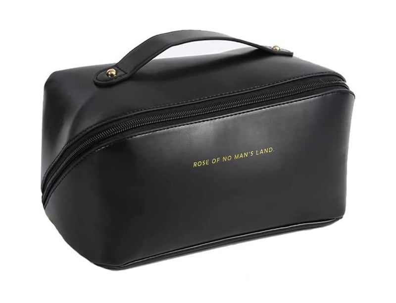 Awestuffs Luxury Cosmetic Bag - Makeup Bag, Portable Waterproof PU Leather Make Up Bag, Travel Makeup Bag Flat Lay Cosmetic Bag Makeup Organizer Bag with Handle and Divider (Black) - Image 1