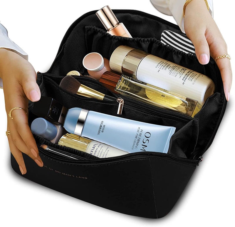 Awestuffs Luxury Cosmetic Bag - Makeup Bag, Portable Waterproof PU Leather Make Up Bag, Travel Makeup Bag Flat Lay Cosmetic Bag Makeup Organizer Bag with Handle and Divider (Black) - Image 2