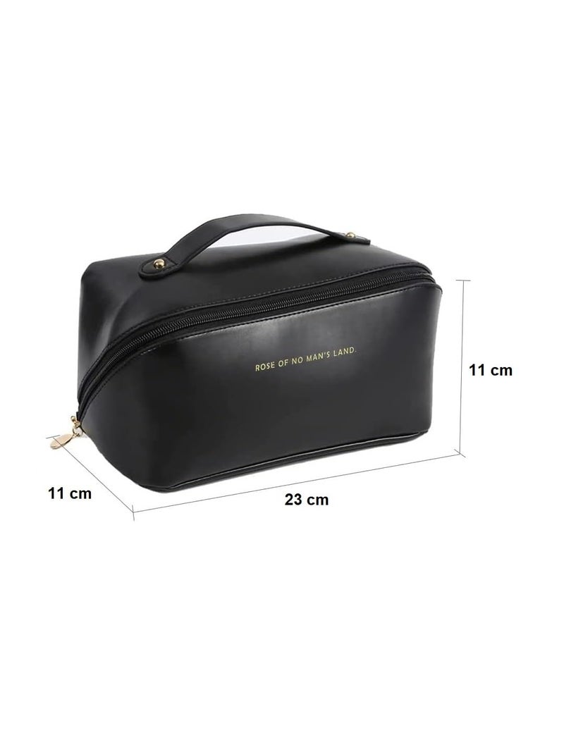 Awestuffs Luxury Cosmetic Bag - Makeup Bag, Portable Waterproof PU Leather Make Up Bag, Travel Makeup Bag Flat Lay Cosmetic Bag Makeup Organizer Bag with Handle and Divider (Black) - Image 5