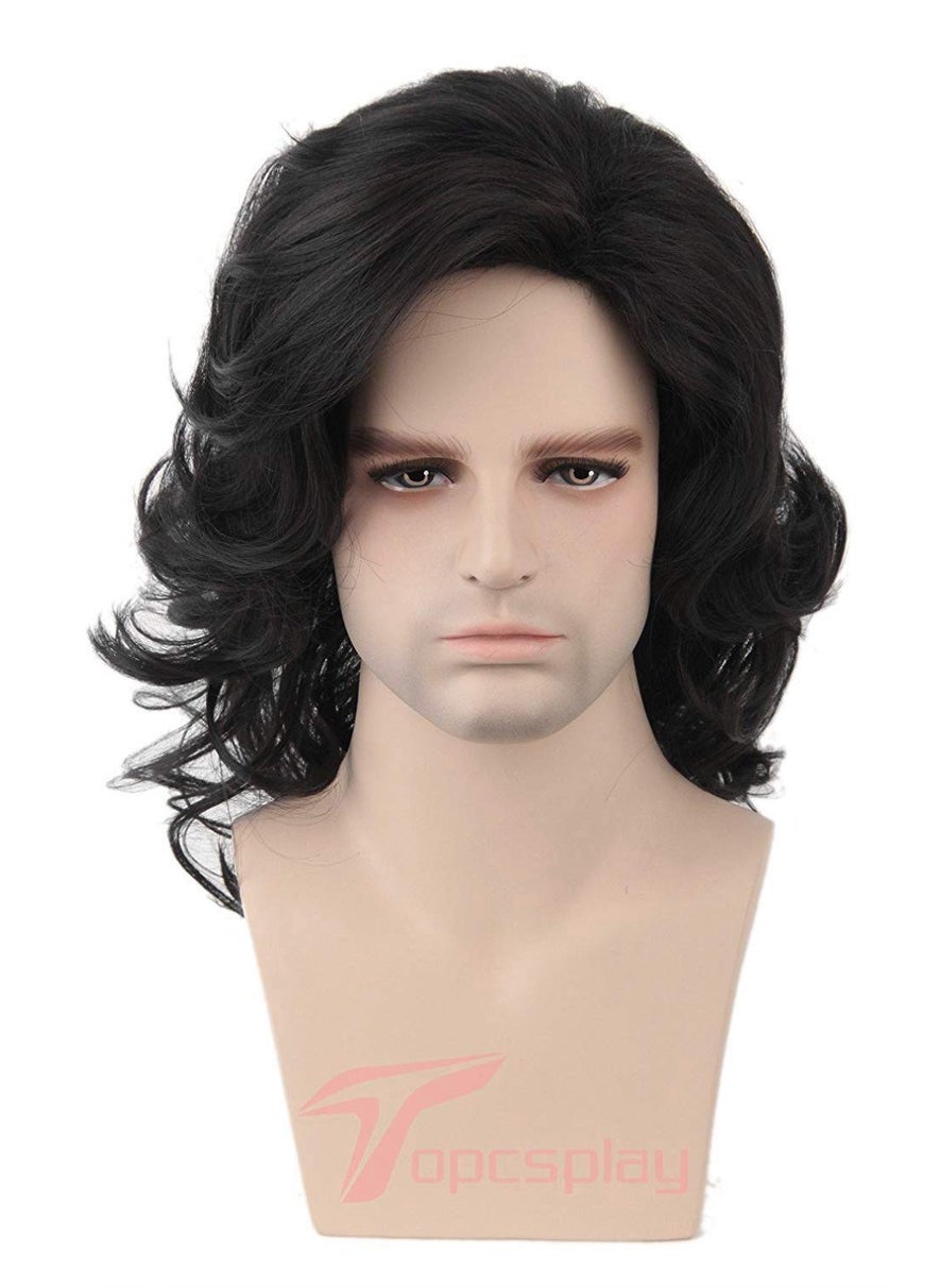 Topcosplay Topcosplay Men Wigs Long Black Curly Wave Layered Natural Style Halloween Costume Wig with Bangs 