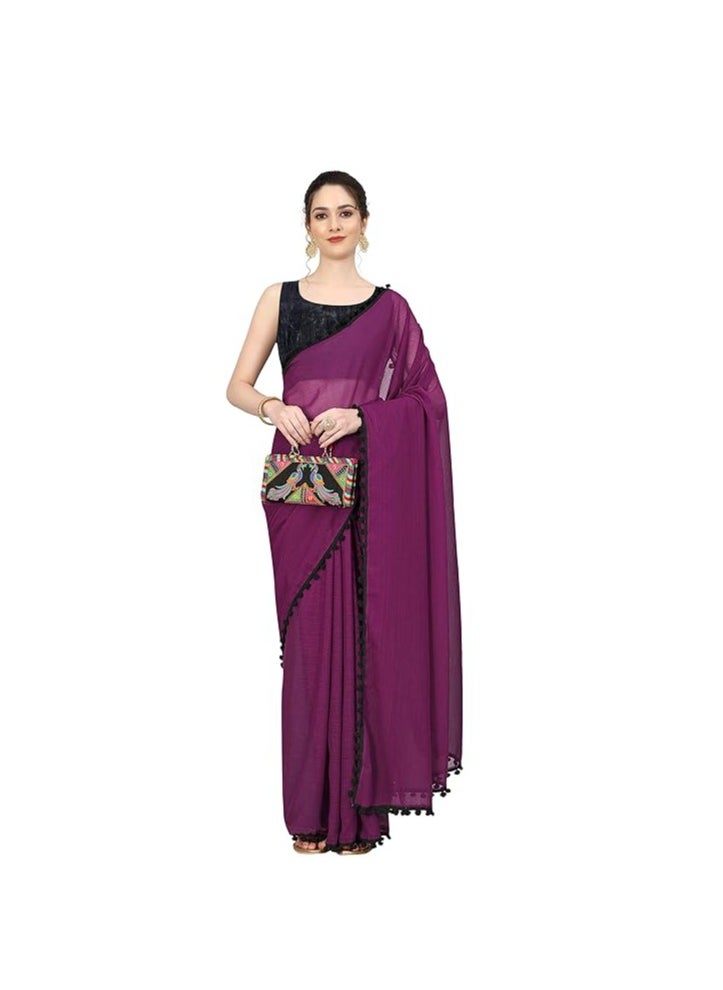 Accessorize Kingdom - Women's Georgette Pom-Pom Lace Boardered Saree With Unstitched Blouse Piece - Image 1