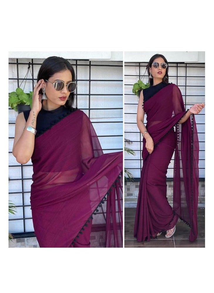 Accessorize Kingdom - Women's Georgette Pom-Pom Lace Boardered Saree With Unstitched Blouse Piece - Image 1