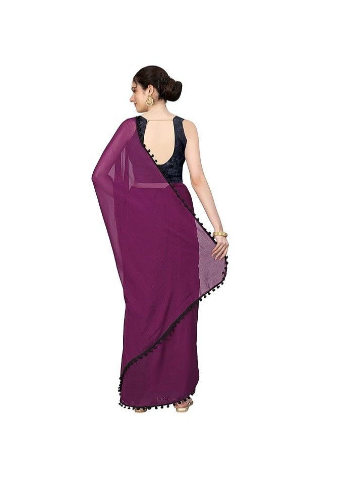 Accessorize Kingdom - Women's Georgette Pom-Pom Lace Boardered Saree With Unstitched Blouse Piece - Image 1