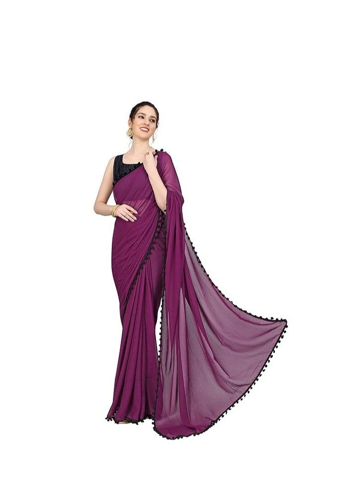 Accessorize Kingdom - Women's Georgette Pom-Pom Lace Boardered Saree With Unstitched Blouse Piece - Image 1