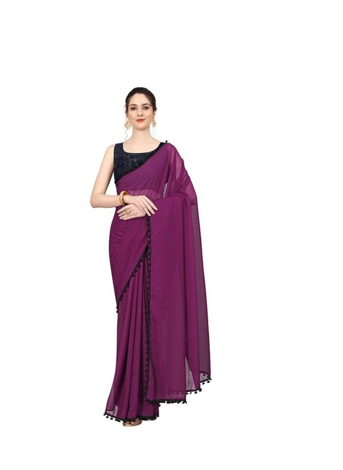 Accessorize Kingdom - Women's Georgette Pom-Pom Lace Boardered Saree With Unstitched Blouse Piece - Image 1
