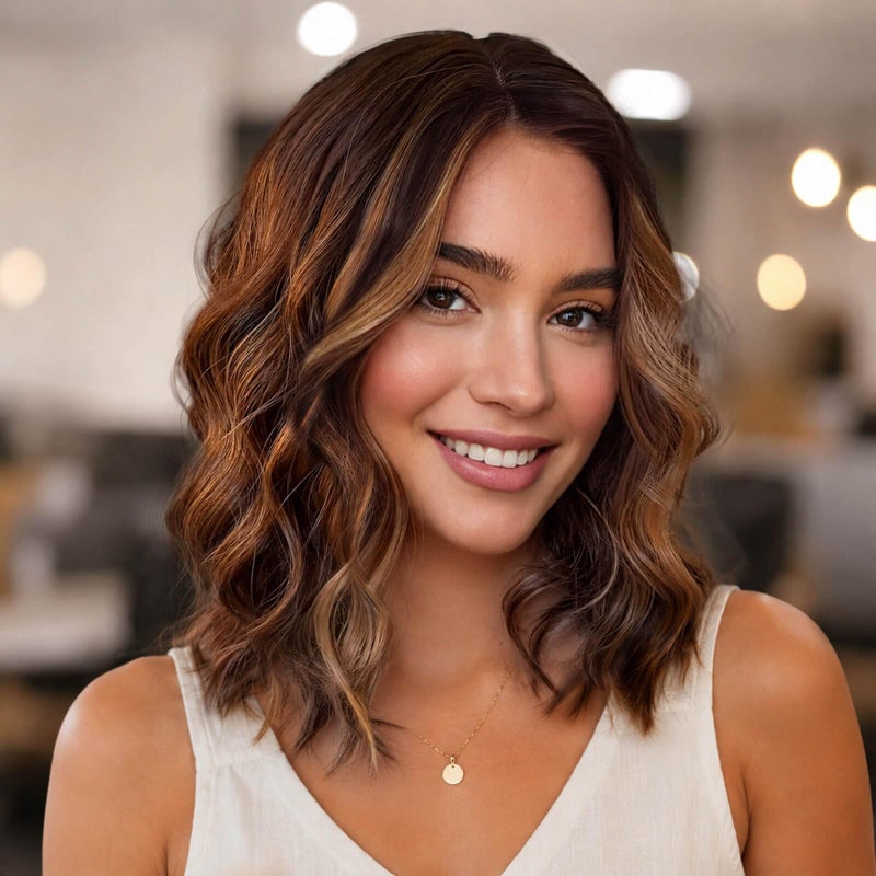 Eawwii Brown with Caramel Highlights Short Wavy Wig for Women Lace Hairline Bob Style Synthetic Heat Resistant Natural Appearance for Everyday Hairstyle 14 Inch - Image 2