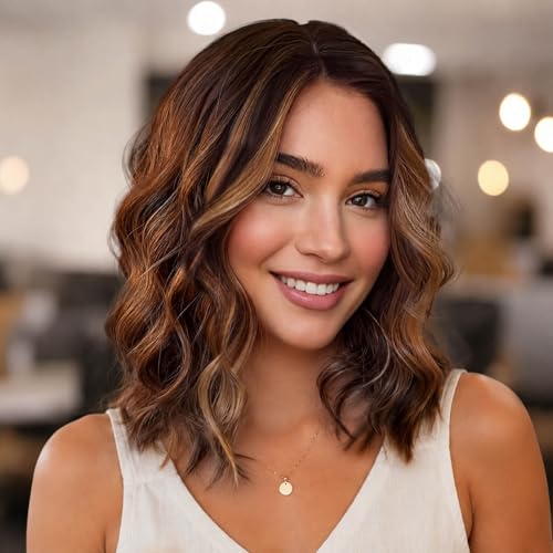 Eawwii Brown with Caramel Highlights Short Wavy Wig for Women Lace Hairline Bob Style Synthetic Heat Resistant Natural Appearance for Everyday Hairstyle 14 Inch - Image 1