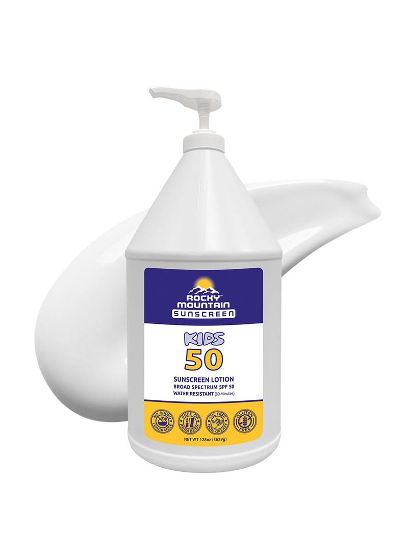 Rocky Mountain Sunscreen - KIDS Rocky Mountain Sunscreen SPF 50 Gallon Sunscreen Lotion  Broad Spectrum UVAUVB Protection  Hawaii 104 Reef Act Compliant Oxybenzone  Octinoxate Free  Water Resistant 80 Min  128 Fl Oz - Image 1