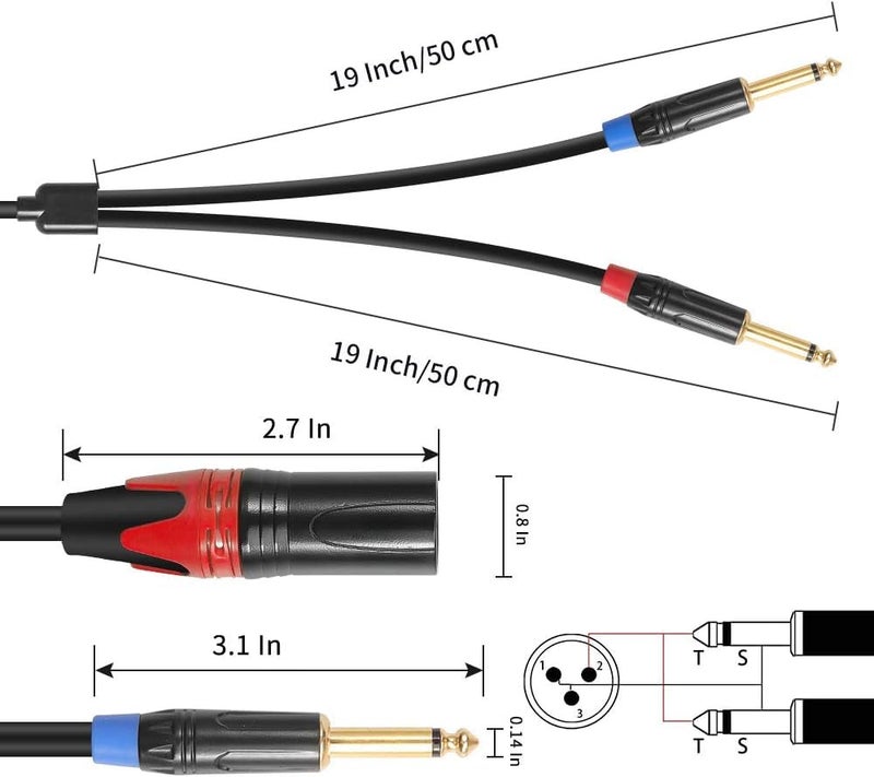 KEBILSHOP Dual 1/4 inch to XLR Male Y Splitter Cable(4 FEET),Male XLR to Dual 6.35mm TS Mono Plug Microphone Audio Converter Adapter -1.2 Meter - Image 3
