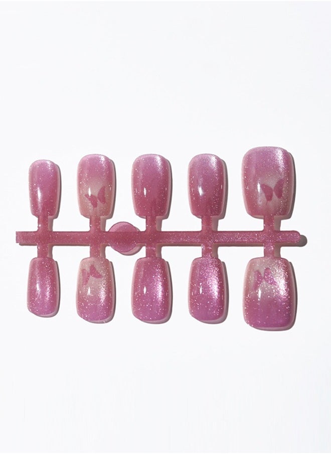 ElegaNail 10-Pcs Butterfly Purple Crystal Cat-Eye Press-on Nails, Short T-Shaped Glossy  Nails with XS/S/M Sizes with Tools  - Image 3