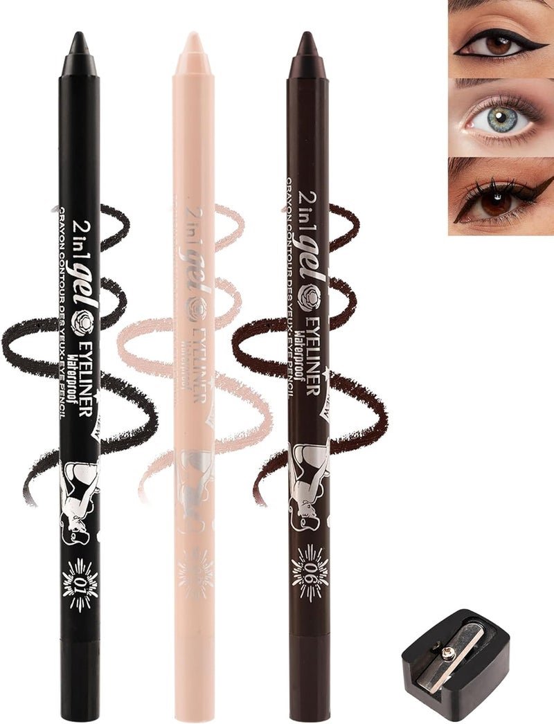 BlackNudeBrown Waterline Eyeliner Gel Pencil Eye Liner Waterline Waterproof SmudgeProofLong Stay Rich Color Gel Eye Liner Brightener Pen with SharpenerWater Line Eyeliner for Sensitive Eyes3pcs