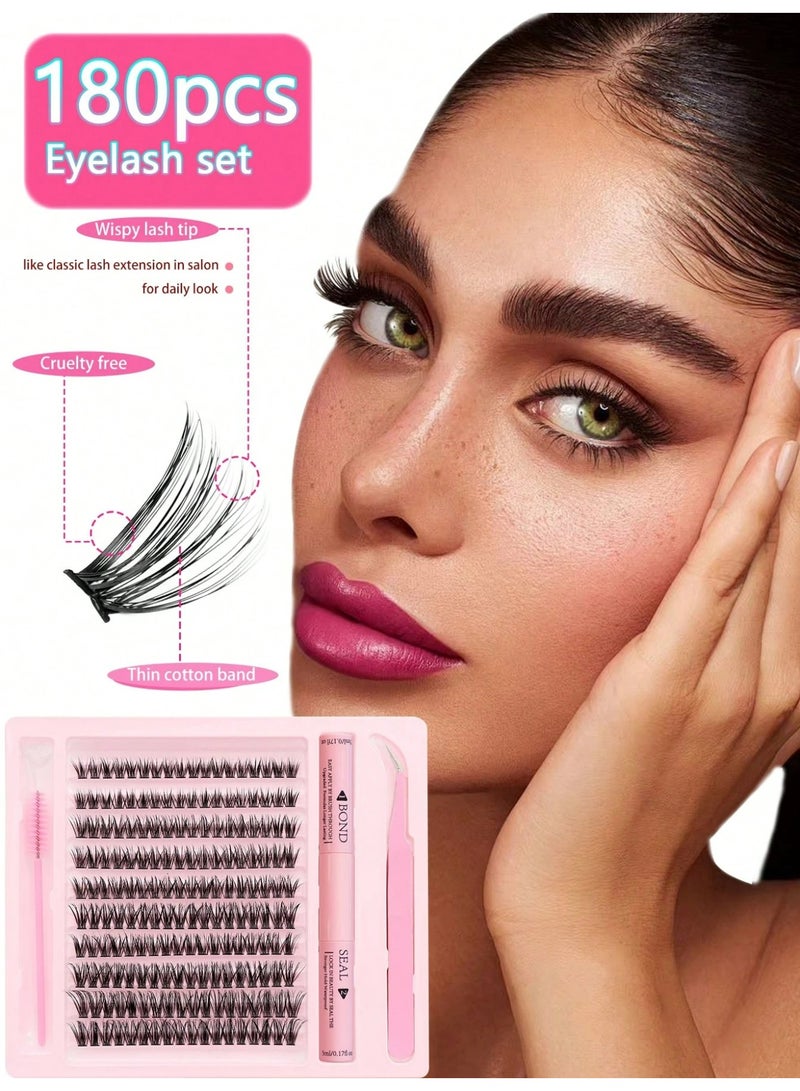 180 Pieces Large Capacity Eyelash Extension Set Thick And Soft Cluster Lashes With Glue Tweezers And Brush Natural Look Mixed C Curl 10 To 16mm For Women Makeup - Image 2
