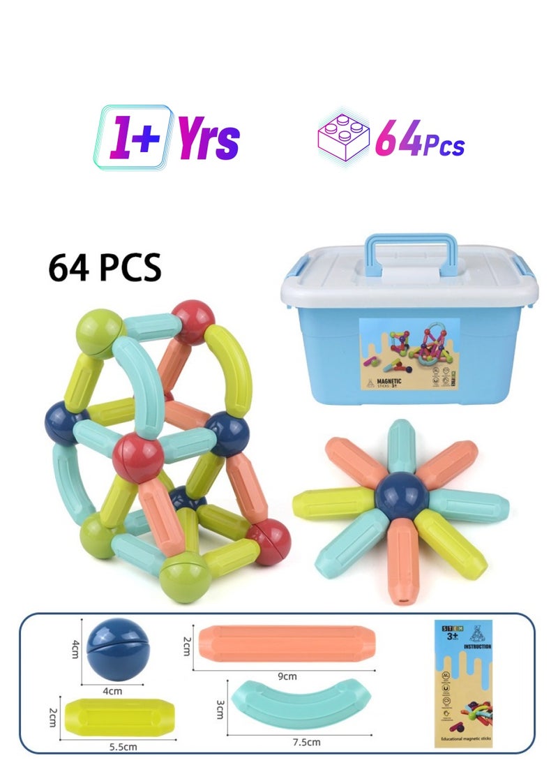 Magnetic 64PCS Magnetic Building Blocks for Kids, Educational Early Learning Puzzle Toys, Various Shapes & Large Magnetic Pellets, with Storage Case  - Image 1