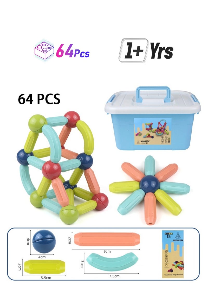 Aideli 64PCS Magnetic Building Blocks for Kids, Educational Early Learning Puzzle Toys, Various Shapes & Large Magnetic Pellets, with Storage Case - Image 1