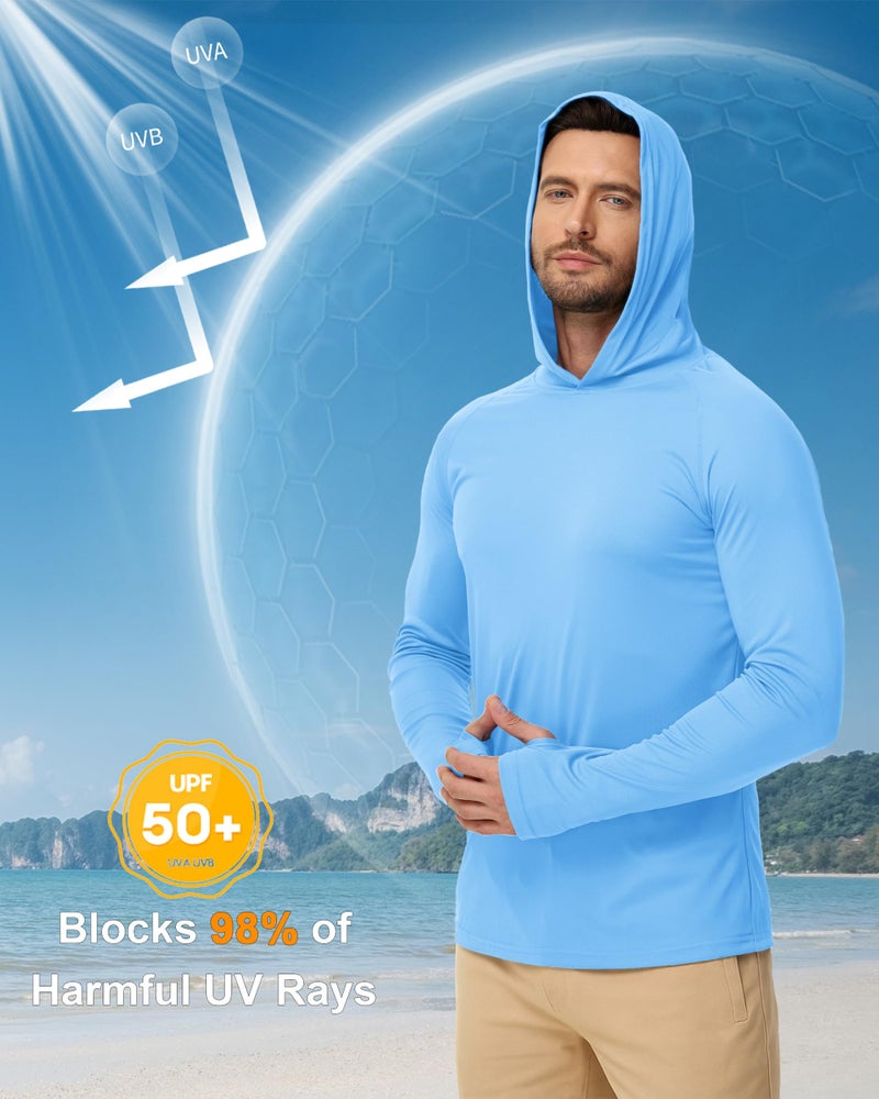 Boladeci Men's SPF Shirt UPF 50+ UV Protection Casual Long Sleeve Cooling Shirt Quick Dry Hooded T-Shirt for Summer Beach Golf (Blue) - Image 3