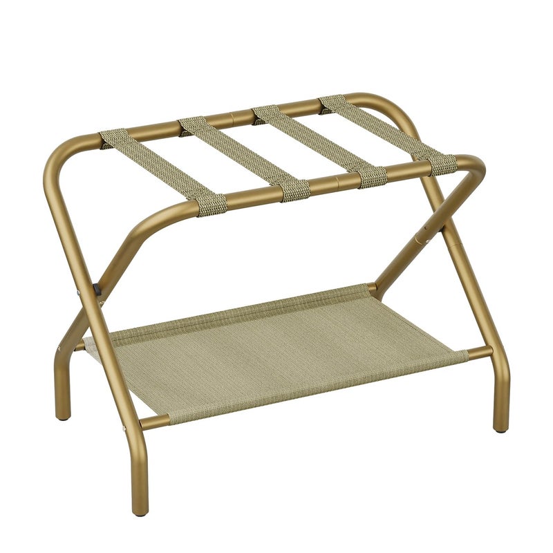 Smart FENDEE Gold Luggage Rack for Guest Room Folding Suitcase Stand with Storage Shelf Steel Portable Luggage Stand Bedroom Hotel Travel Easy Assembly Hold up to 110 lb