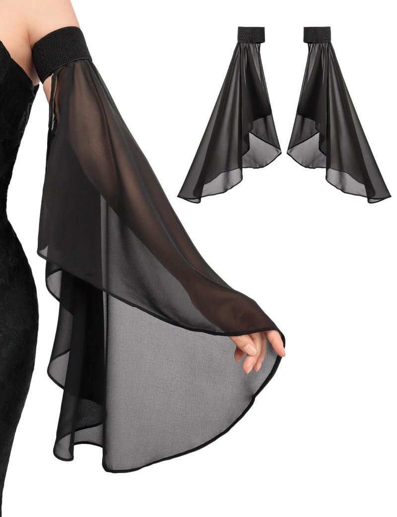 DAZCOS Victorian Long Tulle Sleeves for Women Chiffon Detachable Gloves for Wedding Dress Halloween Party Pageant (BLACK-02) - Image 1
