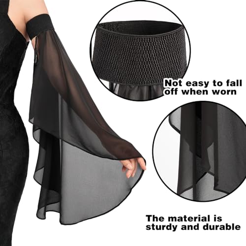 DAZCOS Victorian Long Tulle Sleeves for Women Chiffon Detachable Gloves for Wedding Dress Halloween Party Pageant (BLACK-02) - Image 3