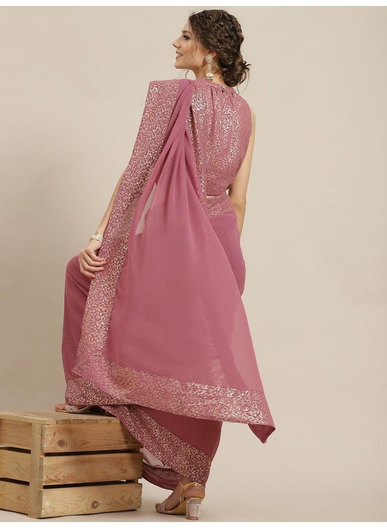AKS Mauve Gold Foil Printed Saree With Blouse - Image 3