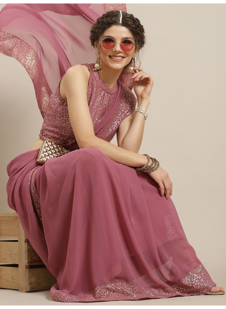 AKS Mauve Gold Foil Printed Saree With Blouse - Image 4