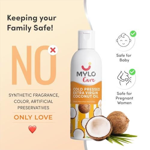 Mylo Cold Pressed Extra Virgin Coconut Oil 200ml Pack of 1 for Adults and Babies, 100% Pure Coconut Oil for Strong Hair and Soft Skin, Ideal for Baby Massage, No Parabens and Mineral Oils - Image 4