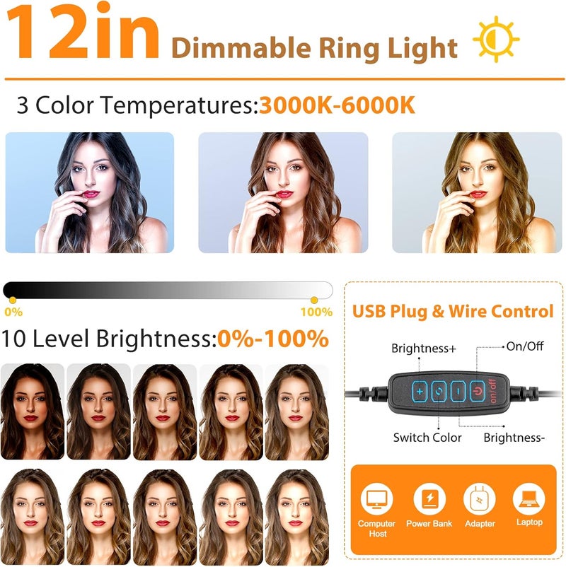 يوبيسايز حلقة ضوء مقاس 12.2 بوصة مع حامل ثلاثي القوائم للصور الذاتية بطول 62 بوصة، حلقة ضوء LED مع حامل وحامل هاتف للتسجيل/المكياج/يوتيوب/تيك توك، متوافق مع الهاتف المحمول والكاميرا. - Image 3
