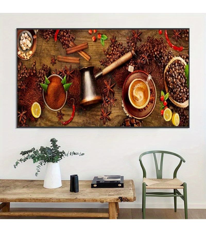 طقم رسم الماس 5D بتصميم القهوة، مثقاب دائري كامل للفن الفسيفسائي DIY لتزيين الجدران، مقاس 47.24 × 23.62 بوصة - Image 2