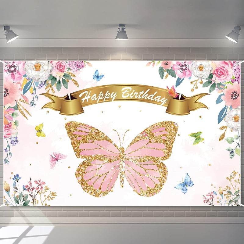 ARS Butterfly Birthday Party Backdrop Decorations Butterfly Spring Theme Party Background Banner Signs Favor Supplies for Toddler’ Birthday Baby Girl Shower,Pink Photo Booth Props, 71x43 in - Image 1