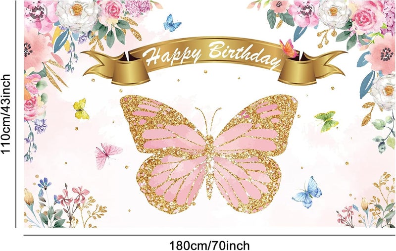 ARS Butterfly Birthday Party Backdrop Decorations Butterfly Spring Theme Party Background Banner Signs Favor Supplies for Toddler’ Birthday Baby Girl Shower,Pink Photo Booth Props, 71x43 in - Image 2