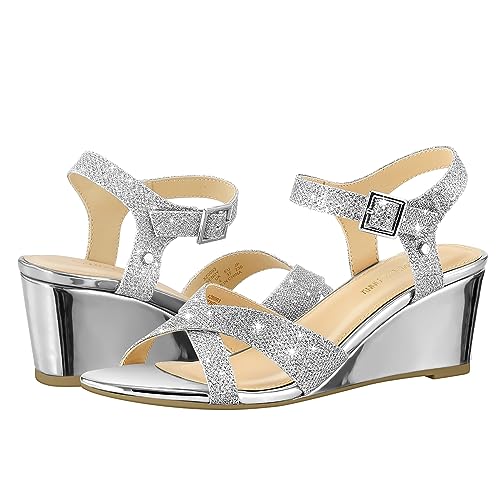 PIZZ ANNU Women's Wendy Low Wedge Sandals Ankle Strap Espadrille Open Toe Casual Summer Women Wedge Heels Shoes, Silver Glitter 9.5 - Image 2