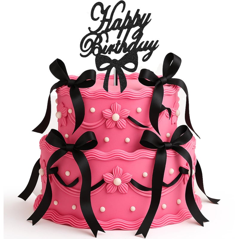 Solldgt Bow Cake Topper - Black Ribbon Bow Cake Topper with Happy Birthday Sign, Black Bow Coquette Birthday Decorations Vintage Cake Toppers Party Decor - Image 1