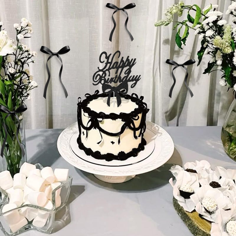 Solldgt Bow Cake Topper - Black Ribbon Bow Cake Topper with Happy Birthday Sign, Black Bow Coquette Birthday Decorations Vintage Cake Toppers Party Decor - Image 2