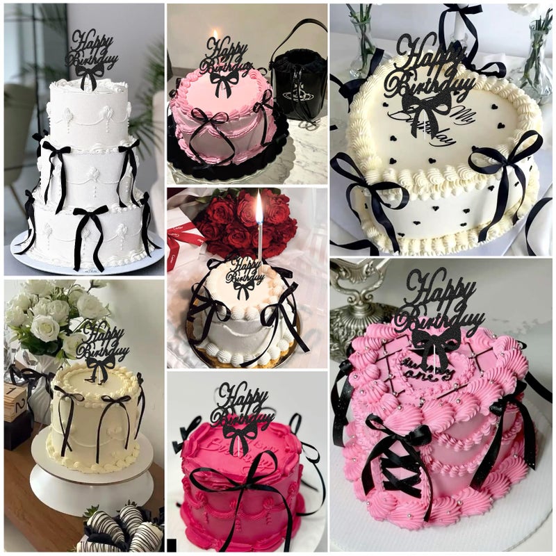 Solldgt Bow Cake Topper - Black Ribbon Bow Cake Topper with Happy Birthday Sign, Black Bow Coquette Birthday Decorations Vintage Cake Toppers Party Decor - Image 4