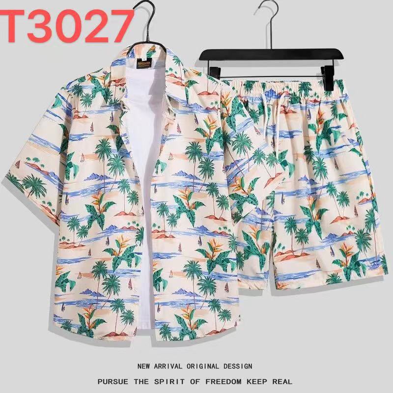 Hawaiian Flower Shirt Beach suit Mens Summer Thin Sanya Travel Couples Seaside Vacation Travel Wear T3027 set 