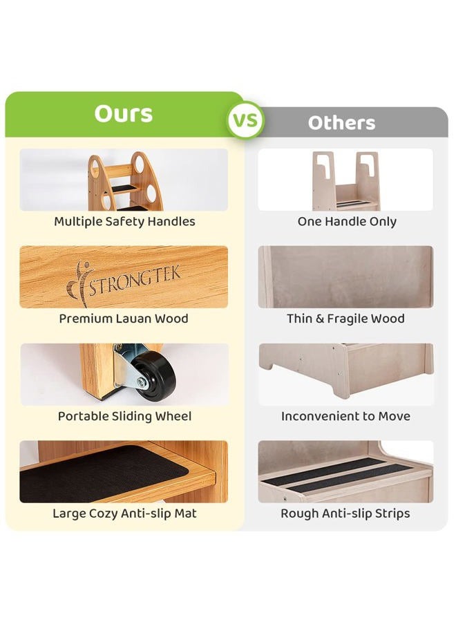 StrongTek Wooden Toddler Step Stool Kitchen Helper - 28" High, 350 lbs Capacity, with Wheels and Handles - Ideal Bathroom and Kitchen Step Stool for Kids - Toddler Stool for Kitchen Counter Use - Image 5