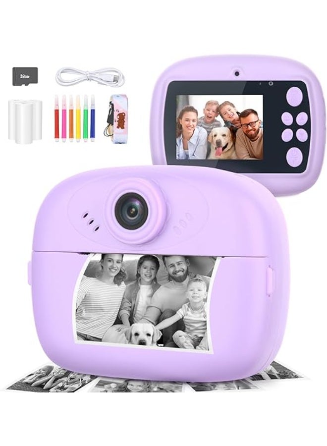 كاميرا طباعة فورية للأطفال، دقة عالية (1080P HD) مع 3 لفات من ورق الطباعة، تدعم بطاقة MicroSD، وتتضمن 5 أقلام ملونة للرسم والتلوين اليدوي؛ هدية مثالية لأعياد ميلاد الأولاد والبنات (اللون البنفسجي - تصميم رائد الفضاء). - Image 1