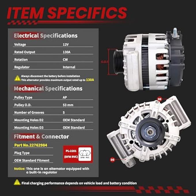 TSSLIIN High Output Alternator Fit Upgrade Alternador Replacement OE 22762984 2613695 2613695A - Image 3