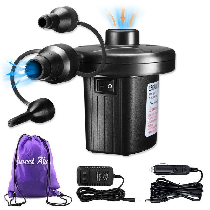 Sweet Alice Electric Air Pump 110V AC12V DC Portable Air Mattress TwoWay Universal Inflator Pump for Inflatables Pool Airbeds etc with 3 Nozzles and 1 Storage Bag 