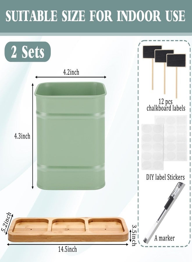 LemonRoad 6 Pcs Indoor Herb Garden Planter Set with Drainage and Tray Farmhouse Metal Planter Pots Kit with DIY Label Bamboo Tray Windowsill Kitchen for Lavender Rosemary Vegetable(Sage Green,Square) - Image 2