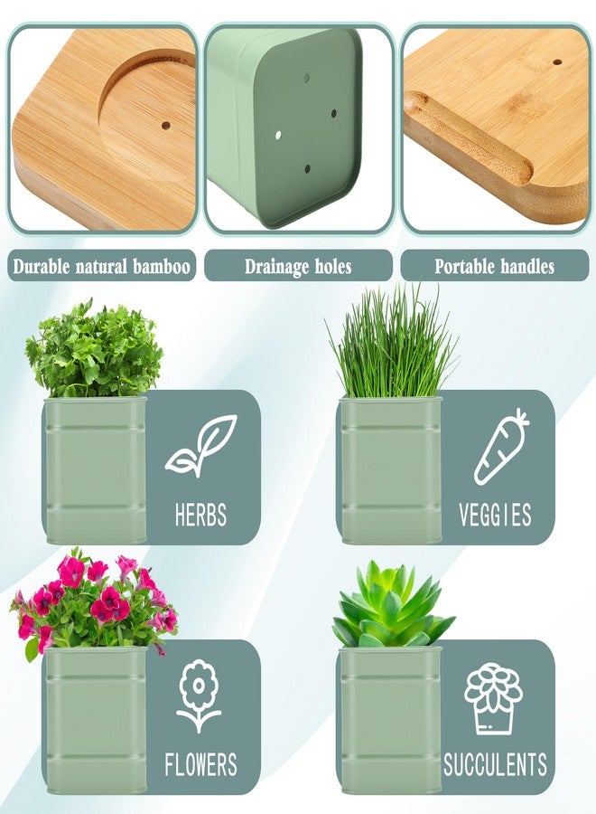 LemonRoad 6 Pcs Indoor Herb Garden Planter Set with Drainage and Tray Farmhouse Metal Planter Pots Kit with DIY Label Bamboo Tray Windowsill Kitchen for Lavender Rosemary Vegetable(Sage Green,Square) - Image 3