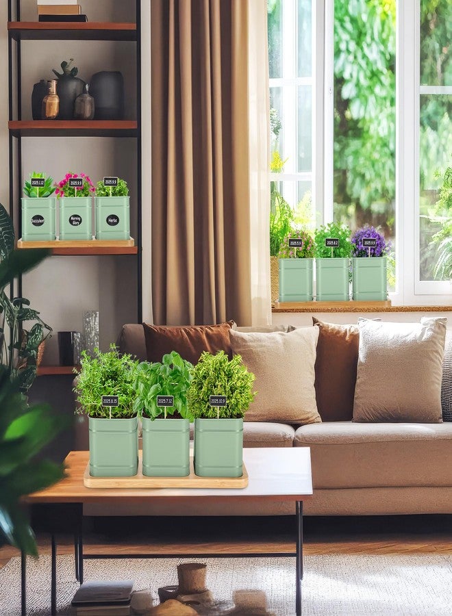LemonRoad 6 Pcs Indoor Herb Garden Planter Set with Drainage and Tray Farmhouse Metal Planter Pots Kit with DIY Label Bamboo Tray Windowsill Kitchen for Lavender Rosemary Vegetable(Sage Green,Square) - Image 5