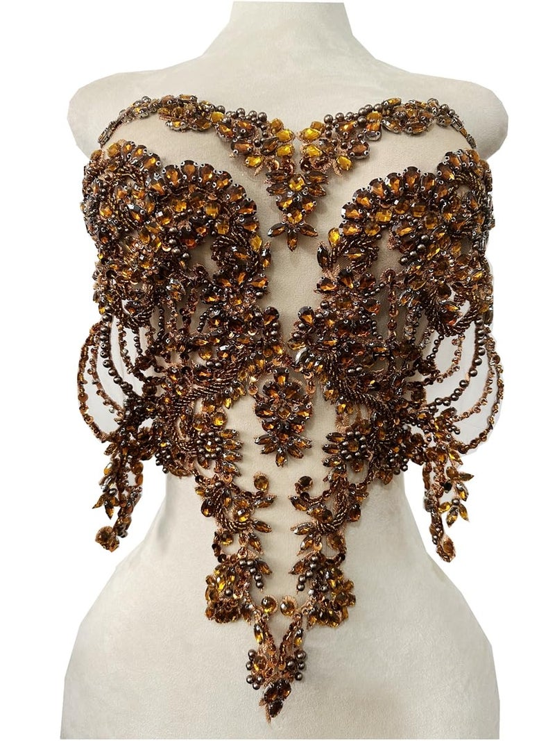 Zbroh دانتيل جسم مزين بالأحجار الكريمة الحمراء والزرقاء والذهبية والخضراء للخياطة مع حبات كريستال لملحقات الملابس البنية