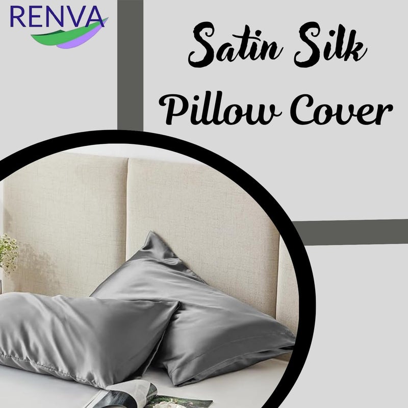 RENVA Set of 2 Satin Silk Pillowcase for Hair and Skin Standard Size 18"X 28" with Soft Breathable Smooths Cooling Pillow Covers for Sleeping (2, Gray) - Image 3