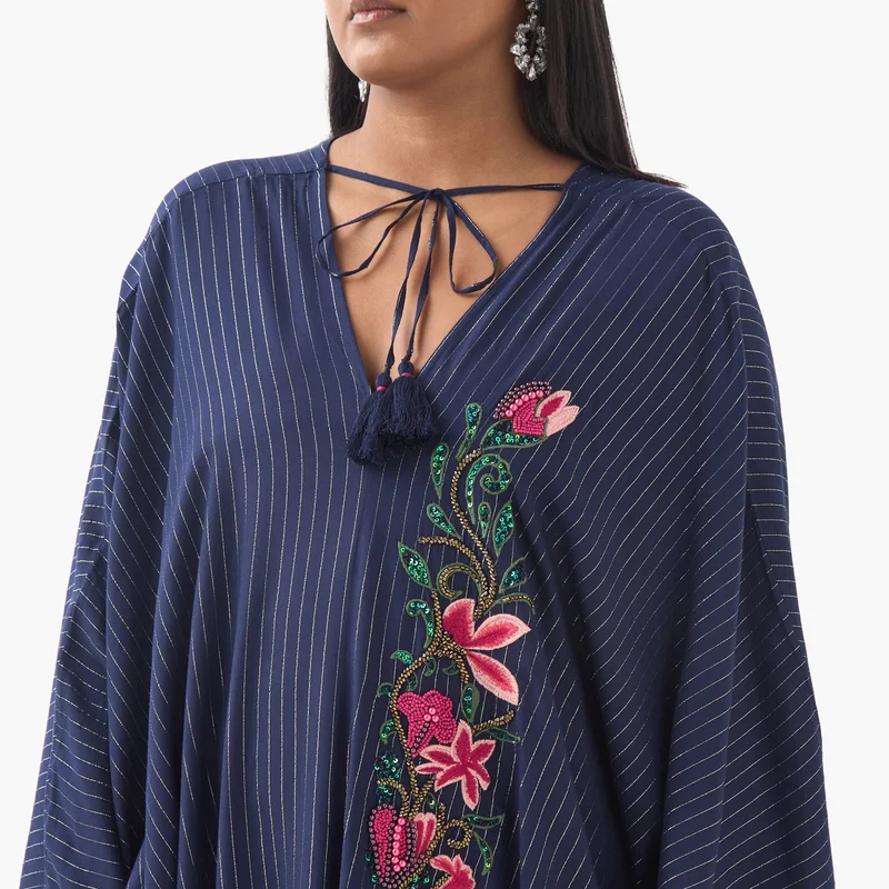 Ulla Popken Plus Size Ulla Popken Floral Embellished Kaftan Dress with Tie-Up Neck